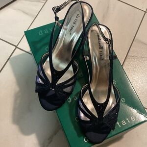 David Tate Navy Satin Heels Size 10WW. Only Worn Once!